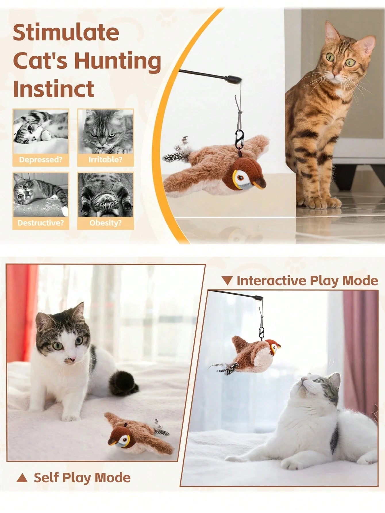 1pc Interactive cat toys rechargeable electric flapping wings bird cat toy sound sing bird cat grass touch activation plush toy
