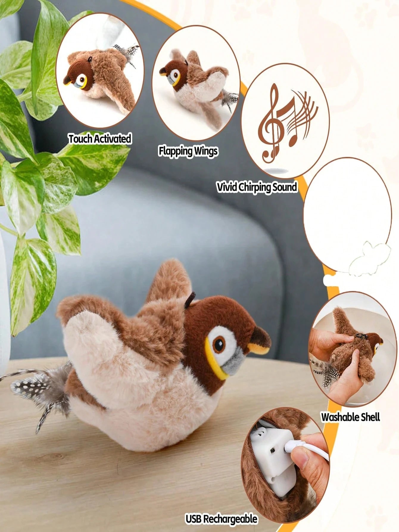 1pc Interactive cat toys rechargeable electric flapping wings bird cat toy sound sing bird cat grass touch activation plush toy