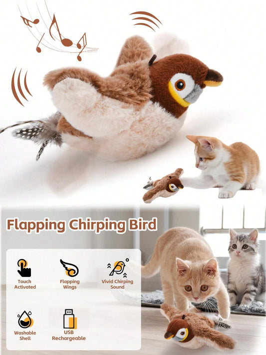 1pc Interactive cat toys rechargeable electric flapping wings bird cat toy sound sing bird cat grass touch activation plush toy